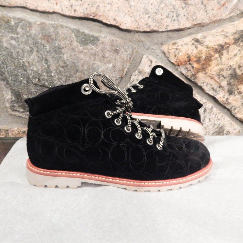 Coach Women Boots Ester Laceup Embossed Suede Black 8